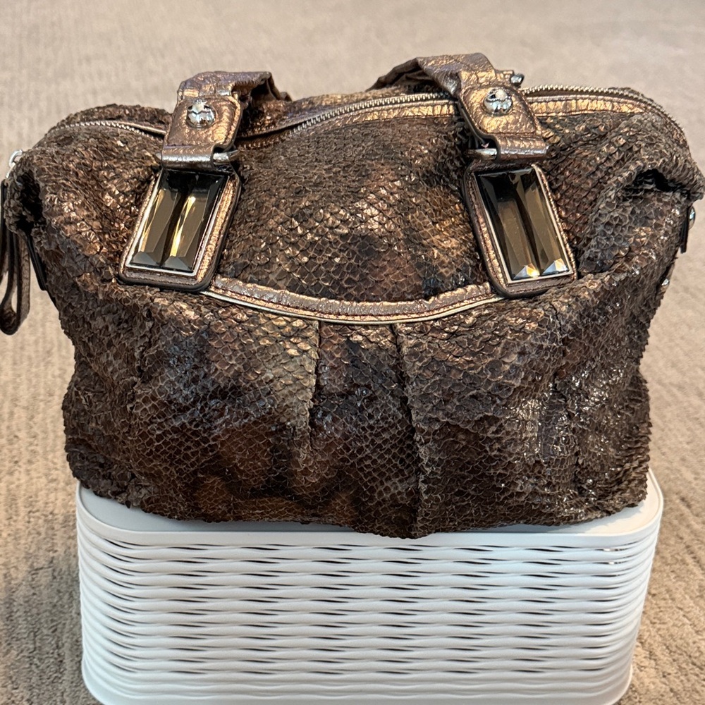 Kathy Van Zeeland Metallic Brown Snakeskin Shoulder Bag